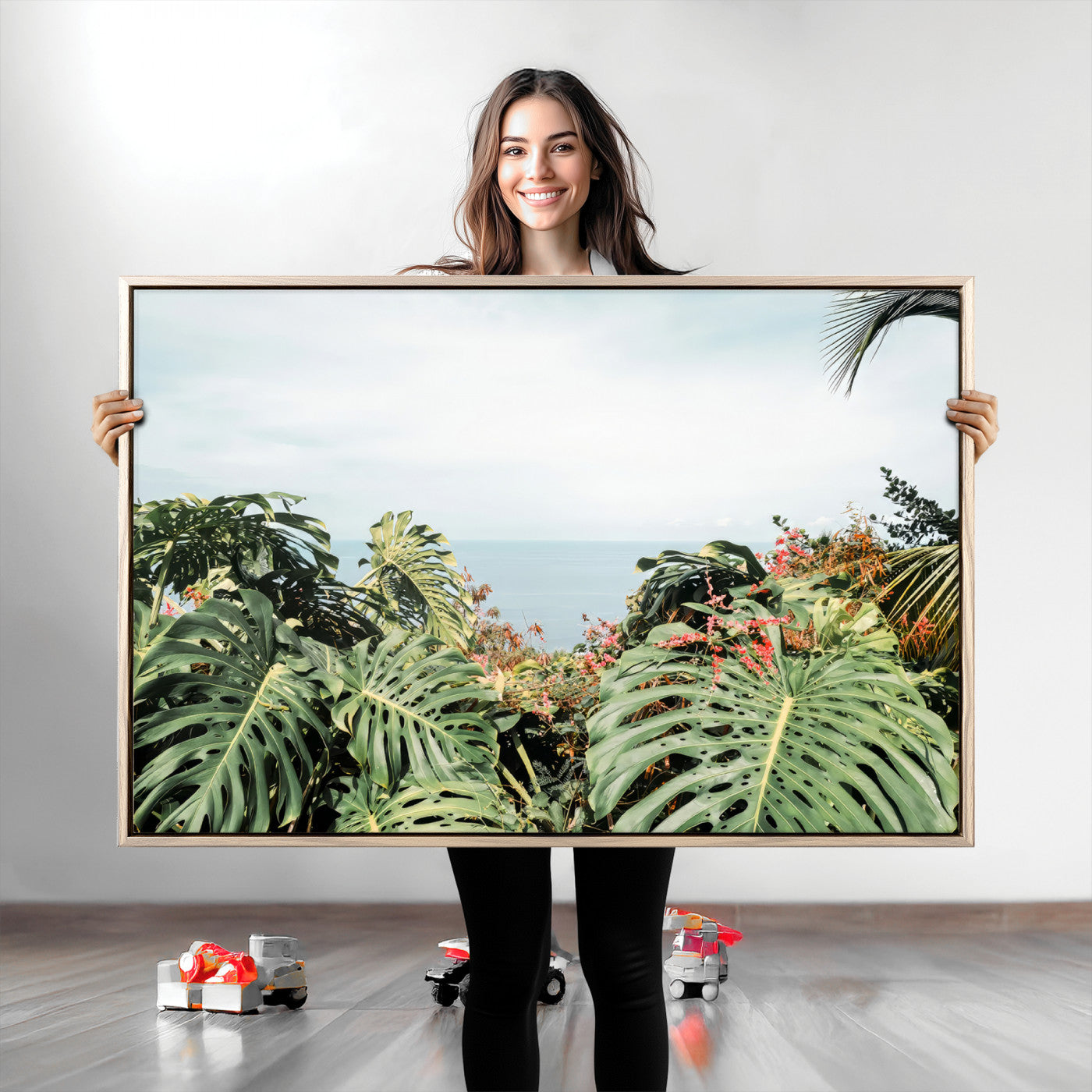 Monstera leaves and tropical flowers framing a calm ocean view, ideal for tropical coastal or exotic jungle-style interior wall decor.