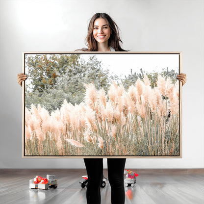Soft pastel pampas grasses in a natural setting, ideal for neutral boho or rustic botanical-style interior wall decoration.