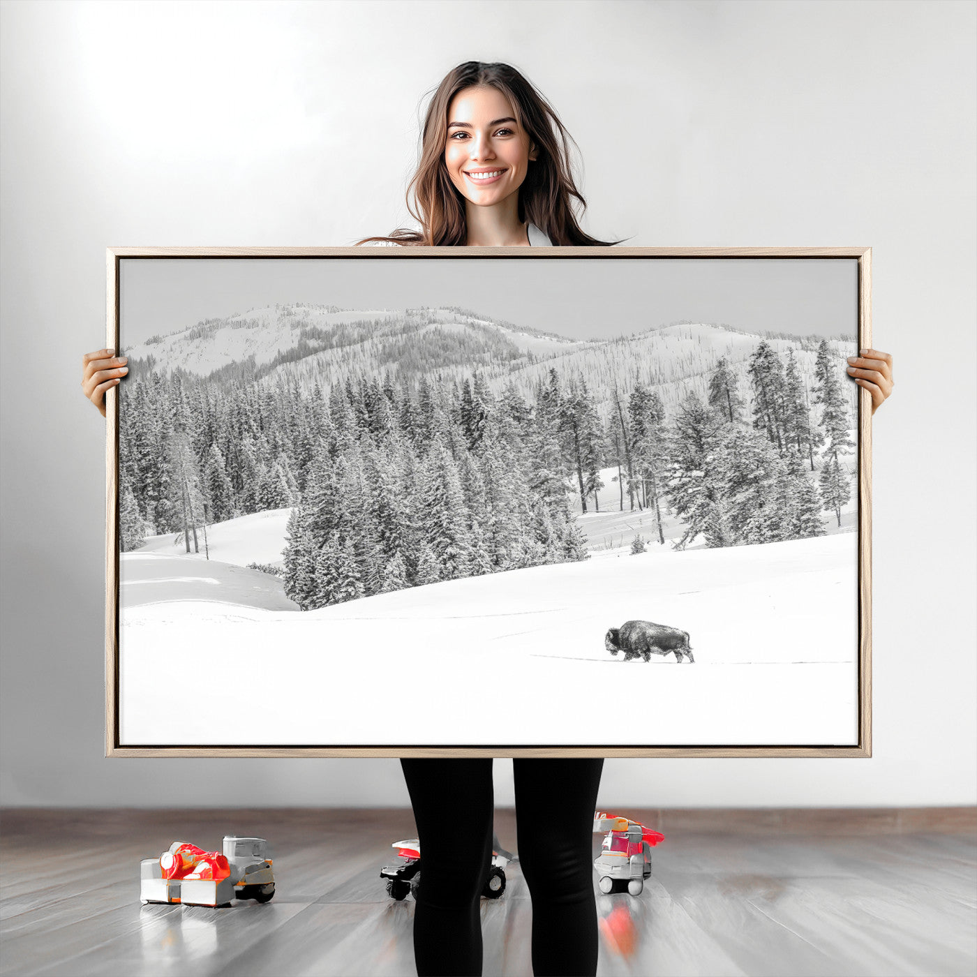 Snowy bison walking through white forest landscape, ideal for monochrome winter or wilderness-style interior wall decoration.