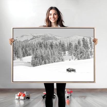 Snowy bison walking through white forest landscape, ideal for monochrome winter or wilderness-style interior wall decoration.