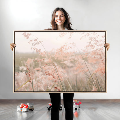 Soft pastel field with wild grasses in warm light, ideal for minimal nature or airy countryside-inspired interior wall decoration.