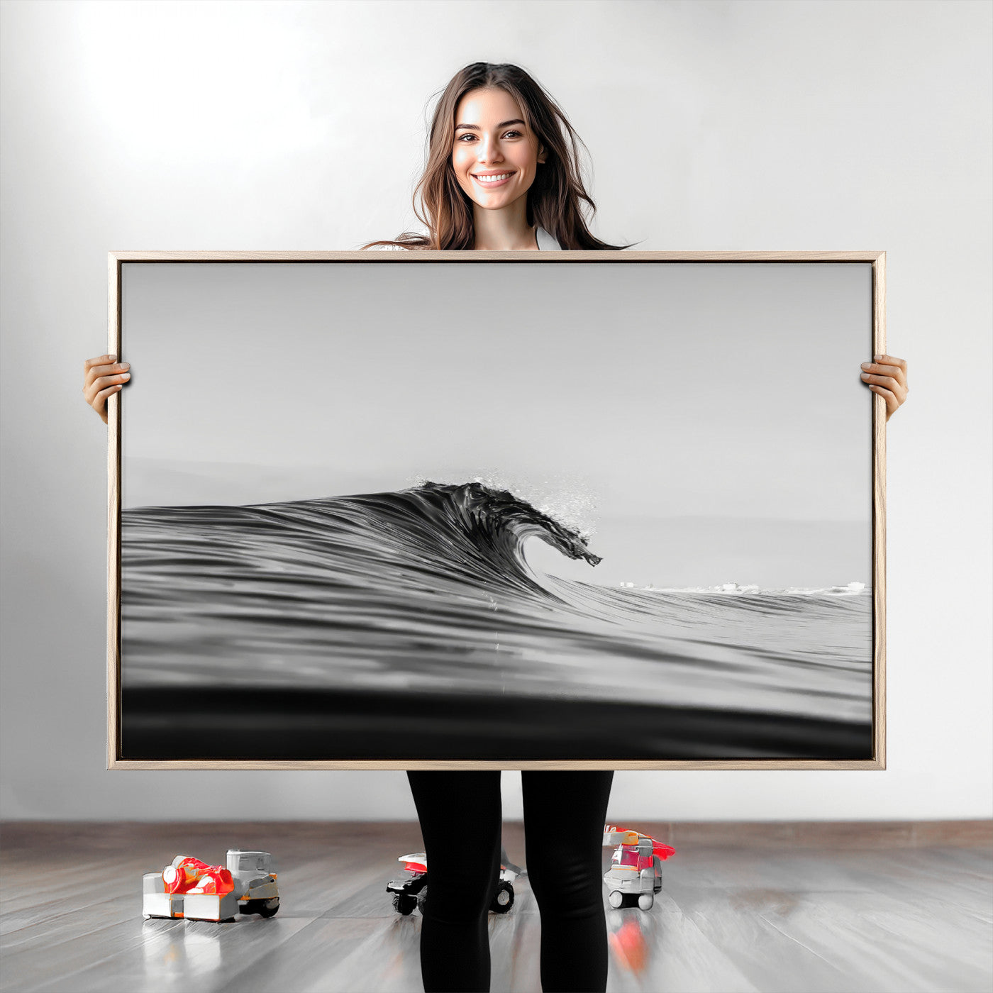 Striking black and white photo of a curling wave, ideal for modern coastal or minimalist wall decor settings.