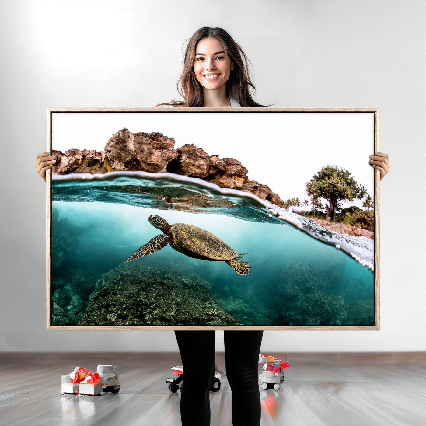 Dynamic split-view photo of a sea turtle swimming near rocky shores, perfect for vibrant coastal or tropical beach home decor.