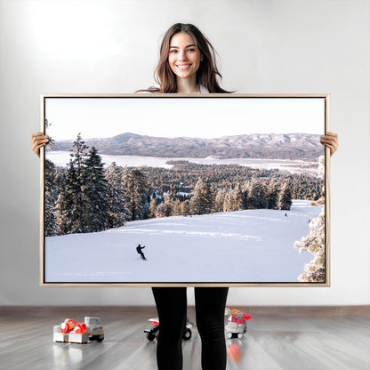 Canvas of a snowy mountain ski slope with pine trees and bright winter light, ideal for modern rustic or alpine-inspired home decor.