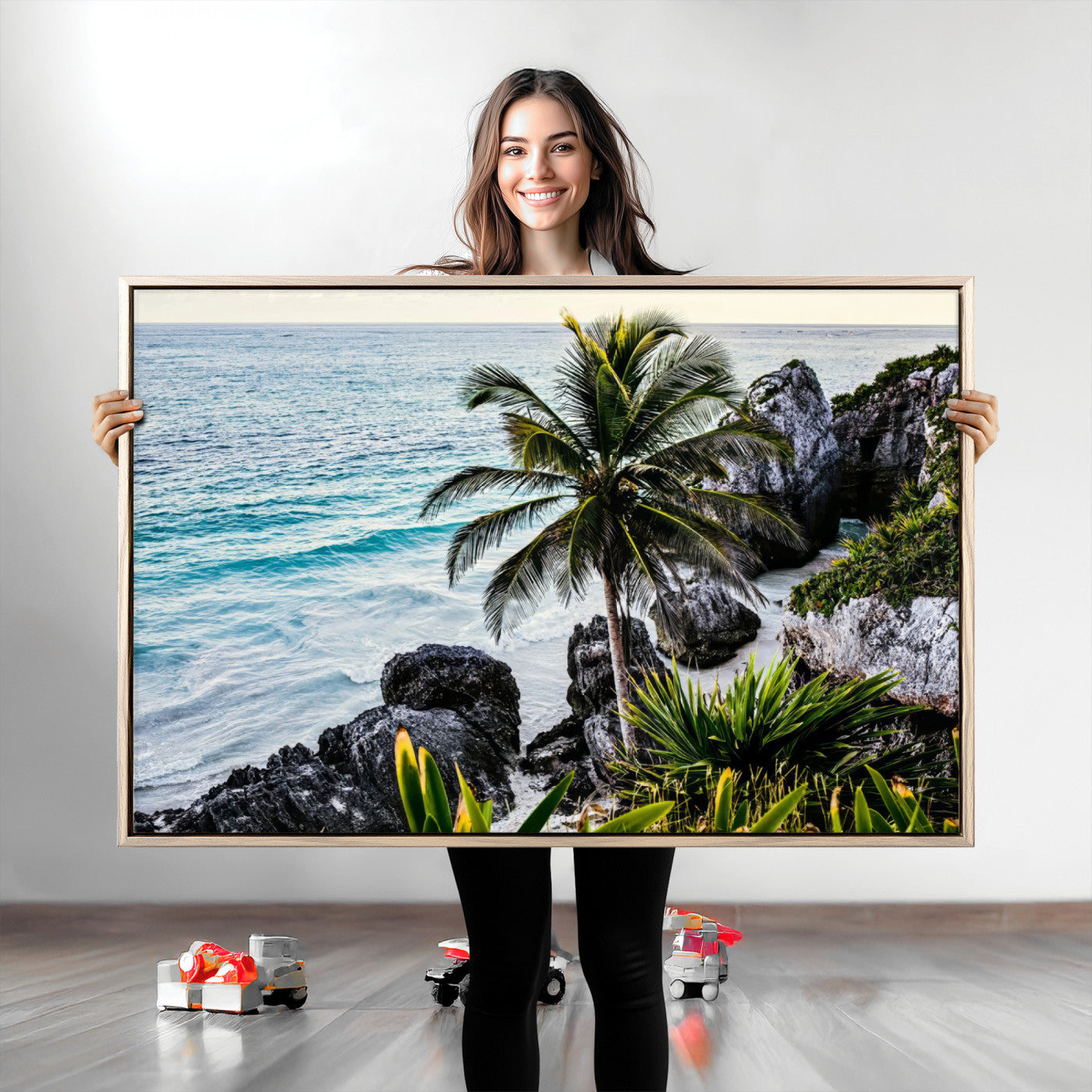 Framed canvas of a vibrant tropical coastline with palm trees, rocky cliffs, and turquoise waters, ideal for tropical coastal home decor.