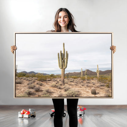 Canvas of a saguaro cactus in an earthy Sonoran desert landscape, ideal for Southwestern Boho or desert minimalism inspired home decor.   2/2