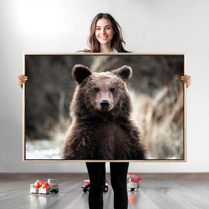 Canvas of a brown bear in soft earthy tones and moody forest light, ideal for rustic cabin or woodland nature-themed home decor.