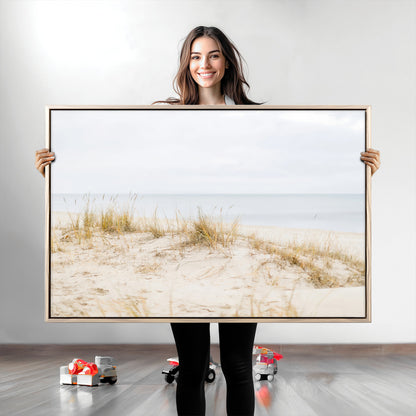 Canvas of soft beach dunes and coastal grasses in neutral tones, perfect for Scandinavian coastal or minimalist nature-inspired home decor.   2/2