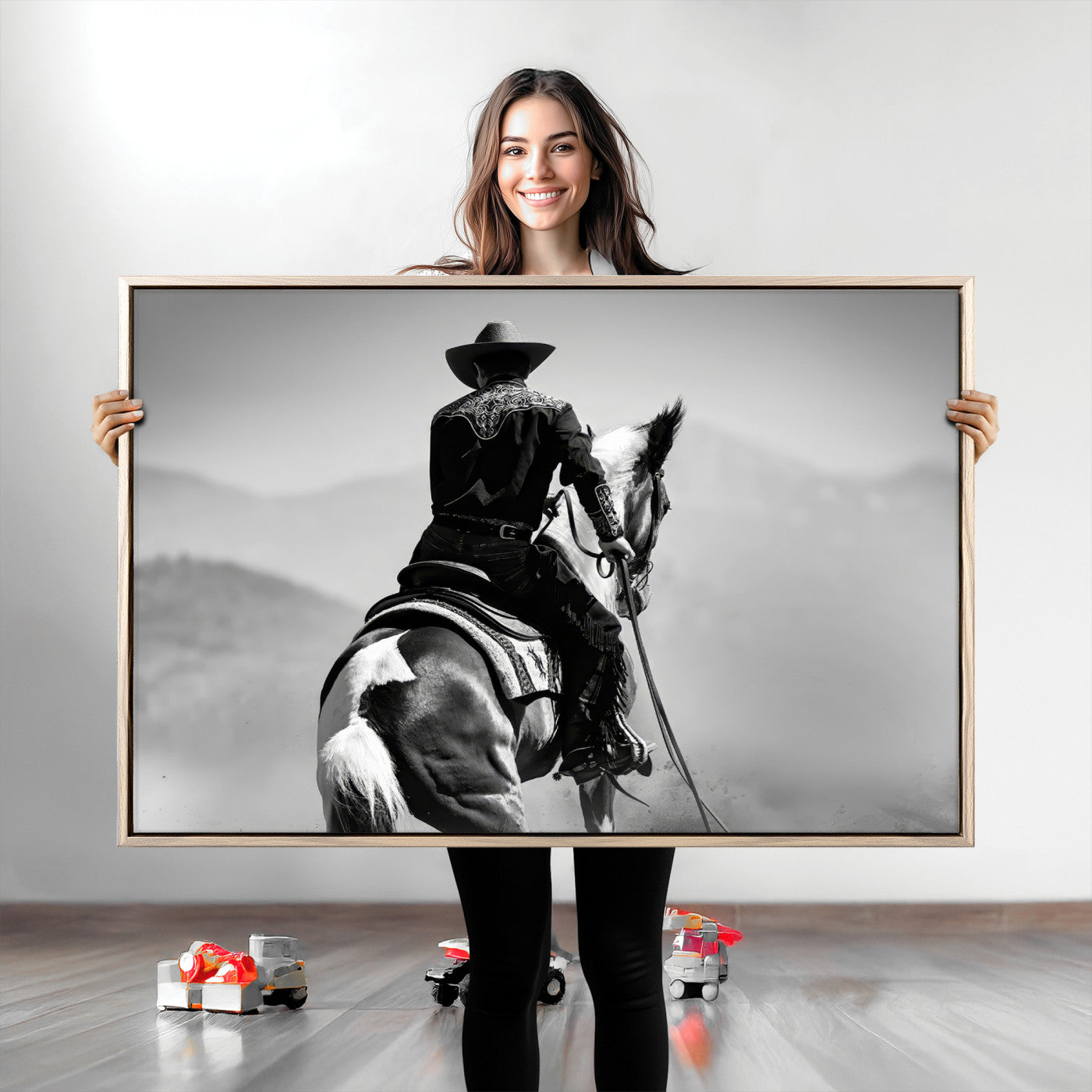Black and white canvas of a cowboy on horseback with moody tones, perfect for rustic western or country-inspired home decor.