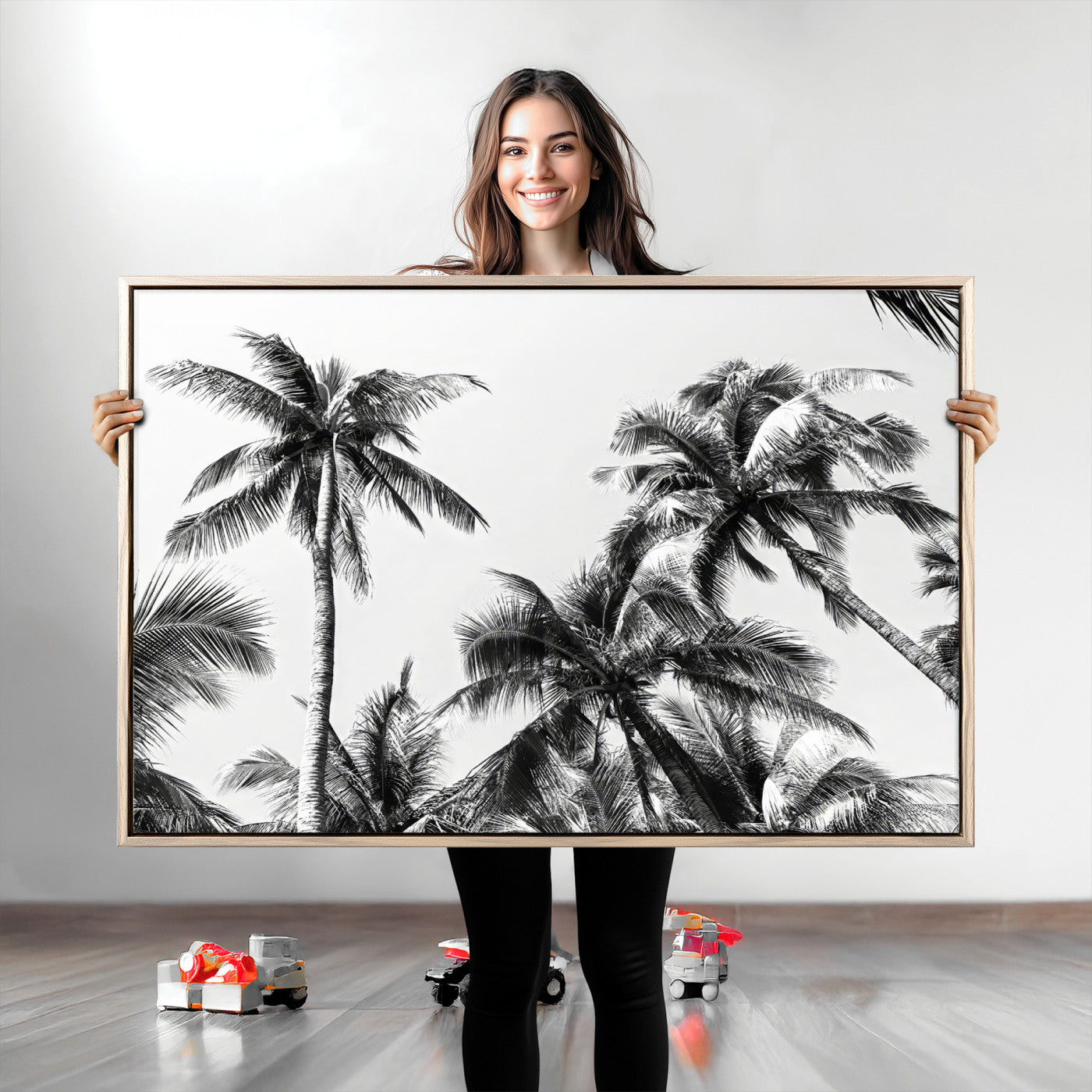 Black and white canvas of tall palm trees in moody tones, perfect for modern tropical minimalist or coastal-style home decor.