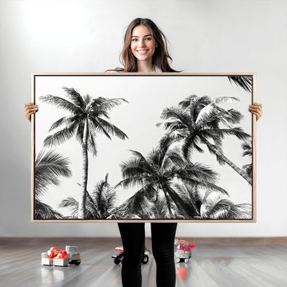 Black and white canvas of tall palm trees in moody tones, perfect for modern tropical minimalist or coastal-style home decor.