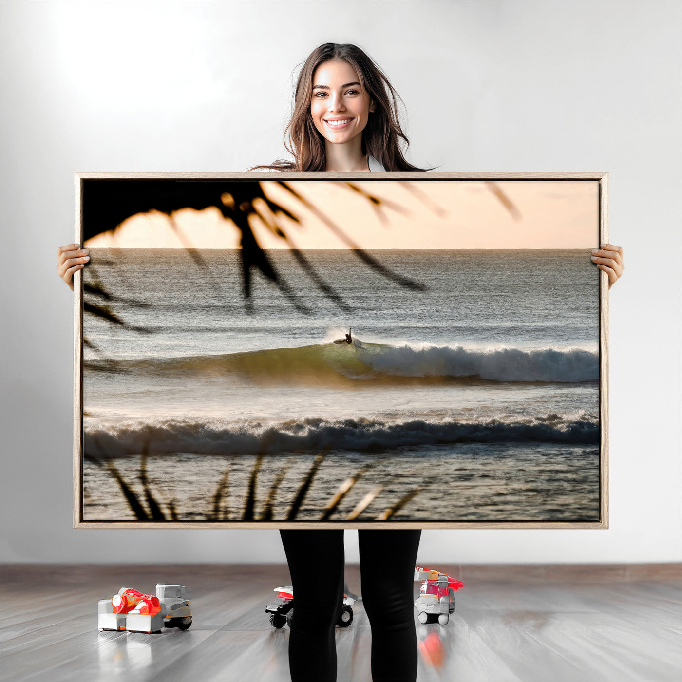 Photo of a surfer riding a golden hour wave at sunset, with tropical tones and dreamy light, perfect for tropical boho or coastal home decor.
