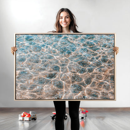 Close-up of sunlit ocean ripples with aqua blue and golden tones, ideal for modern coastal or minimalist home decor.