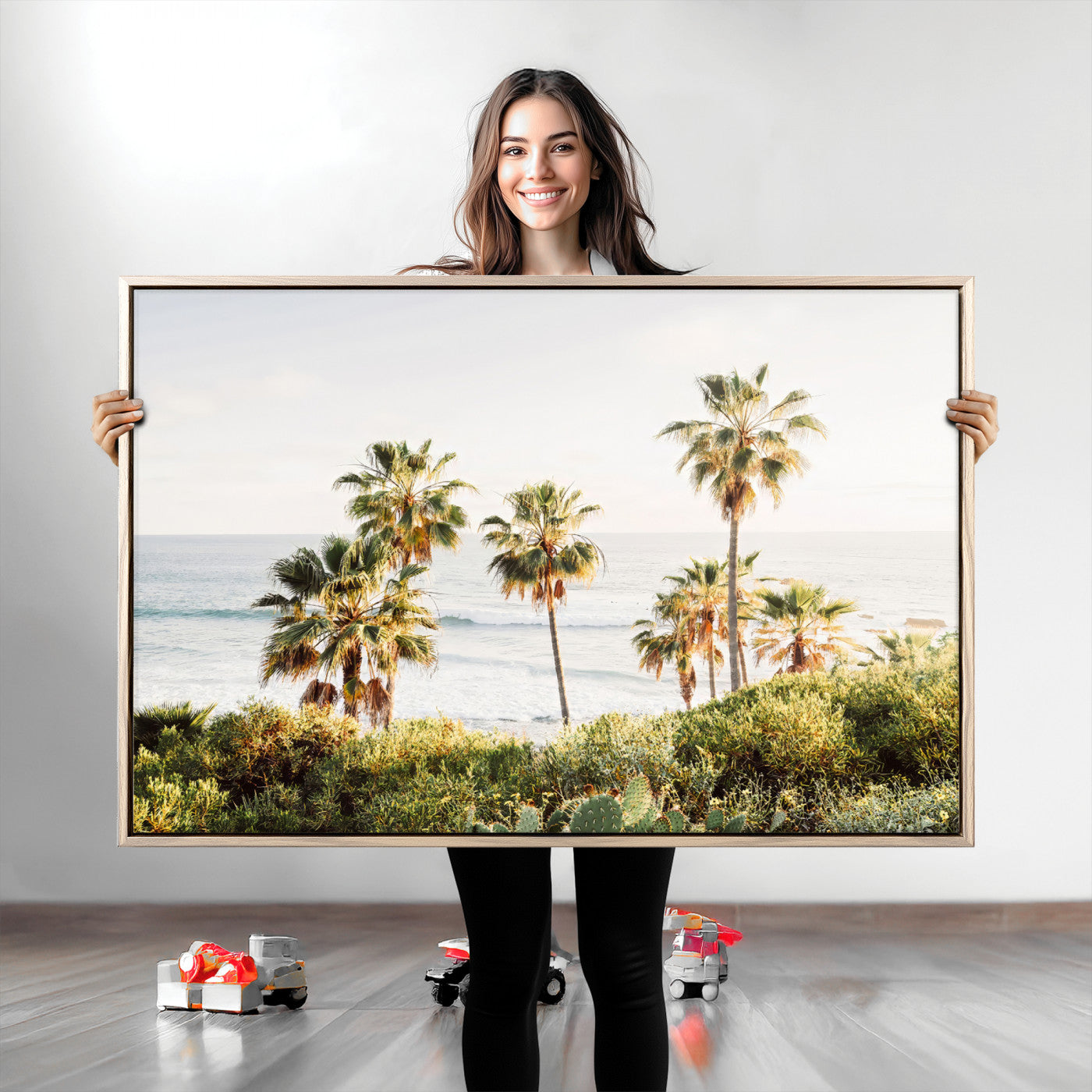 Framed print of sunlit palm trees on the California coast with warm tones, perfect for coastal minimalist or beach-style home decor.