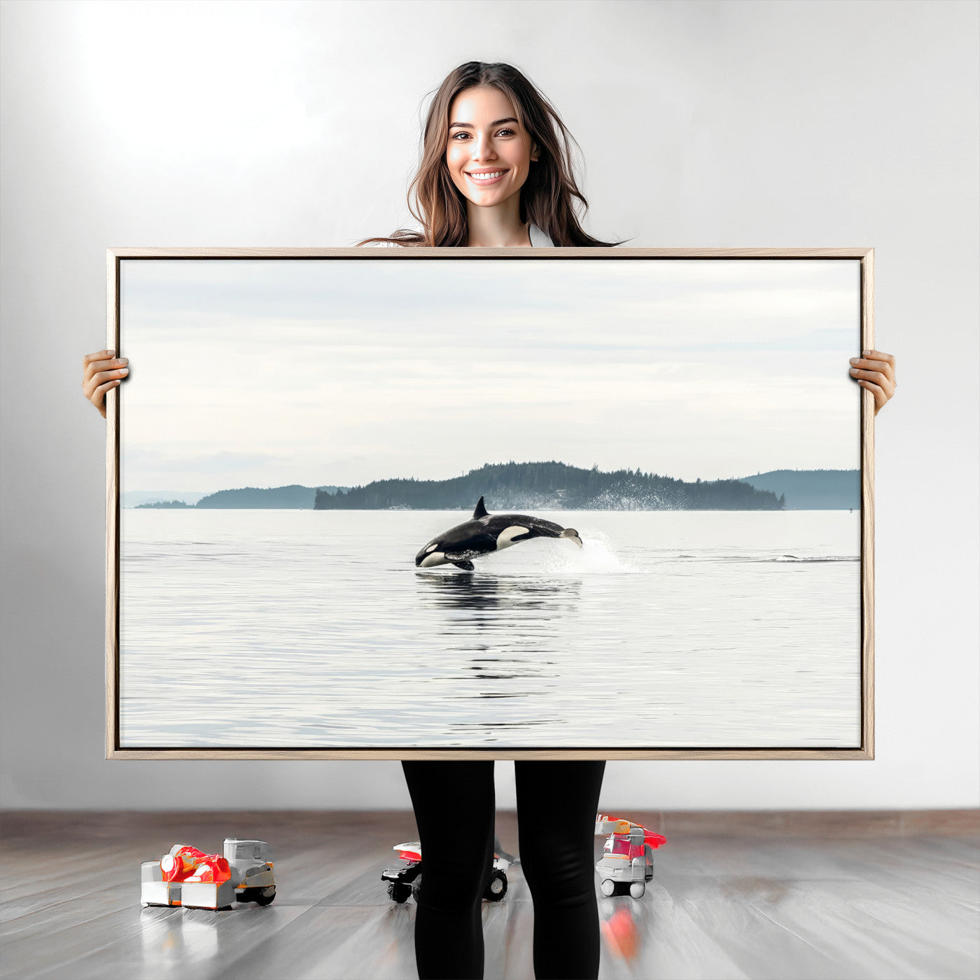 An orca jumping out of calm ocean waters with a misty island in the background, creating a serene and minimalist marine wildlife scene.