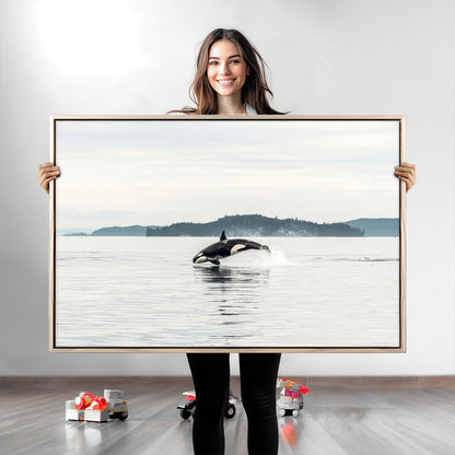 An orca jumping out of calm ocean waters with a misty island in the background, creating a serene and minimalist marine wildlife scene.