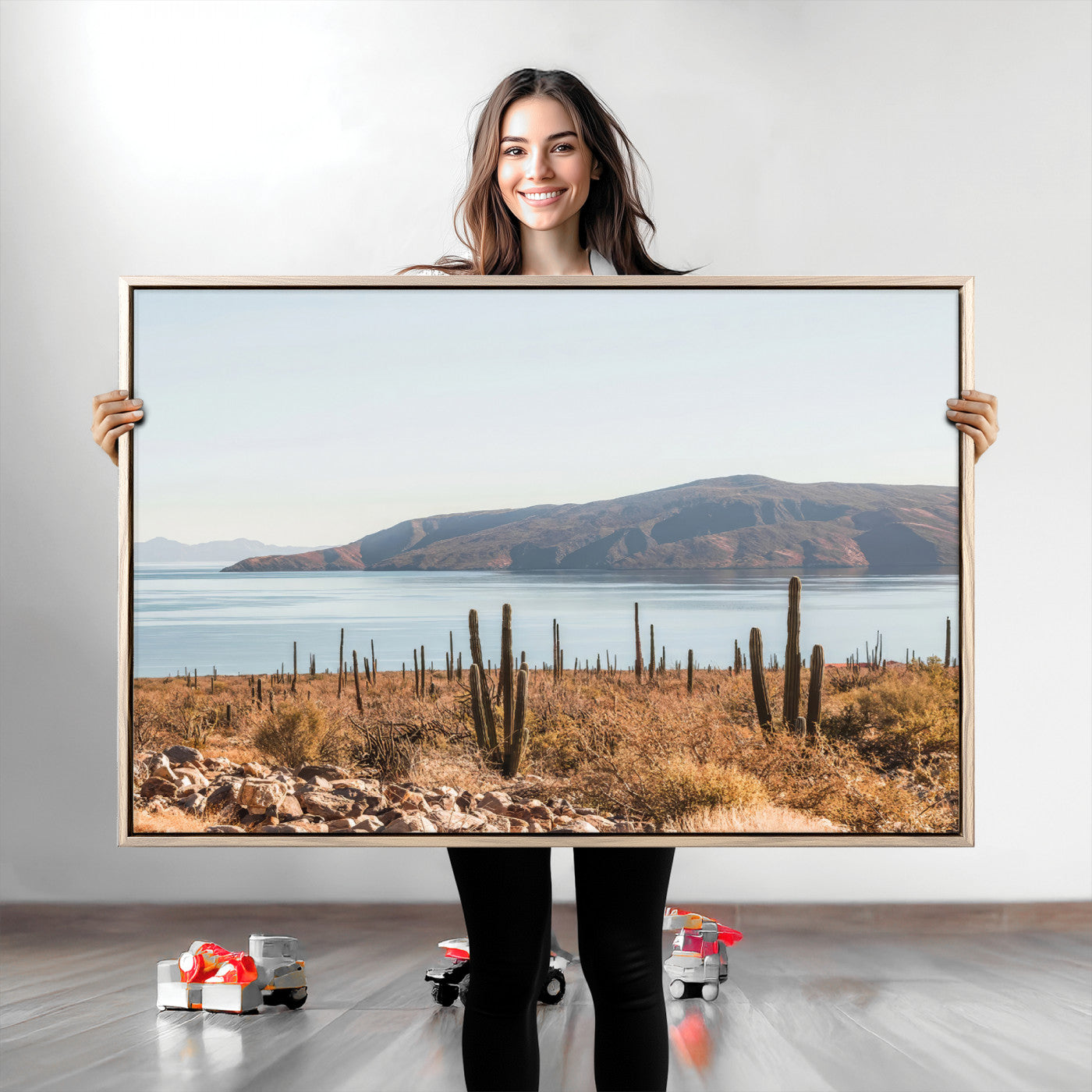 Warm desert landscape with cacti and coastal mountains, perfect for southwestern or earthy calm-themed home wall decor.