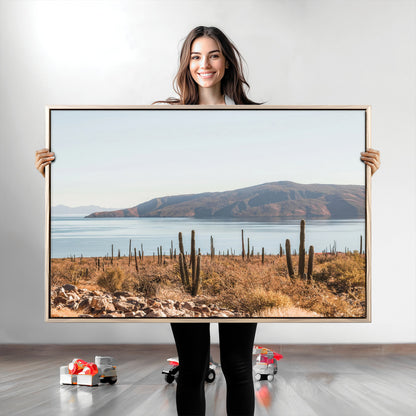Warm desert landscape with cacti and coastal mountains, perfect for southwestern or earthy calm-themed home wall decor.