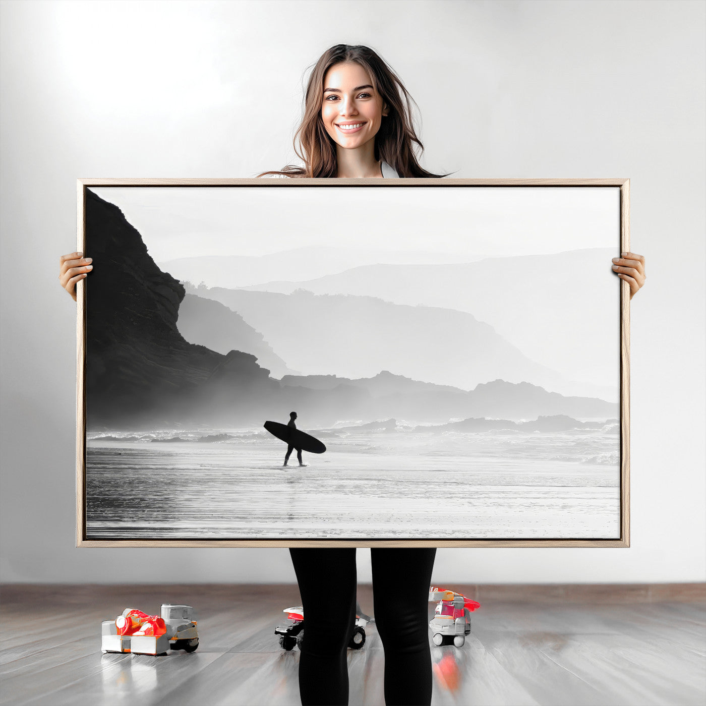 A lone surfer walking along a misty beach with cliffs in the background, carrying their board, capturing a serene and minimal ocean moment.
