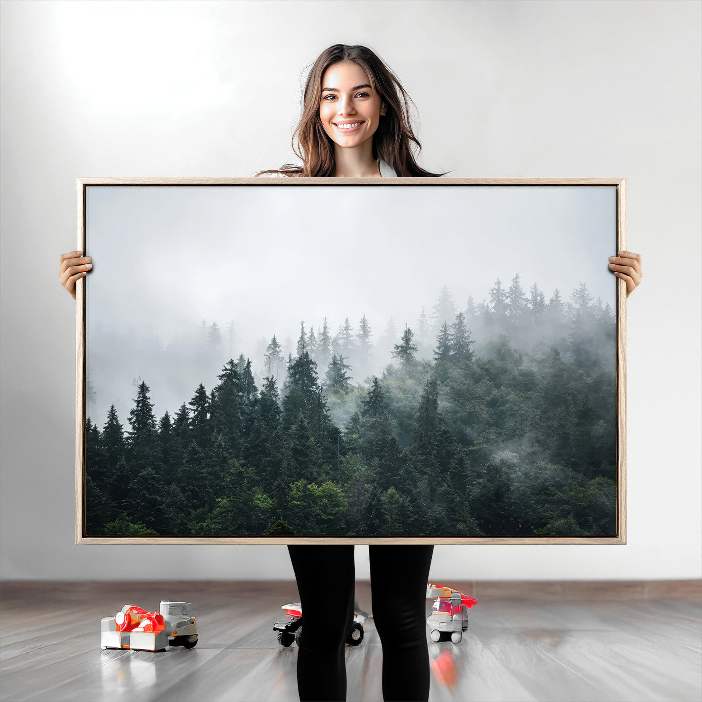 A misty evergreen forest shrouded in soft fog, creating a tranquil and moody landscape with lush green trees fading into the distance.