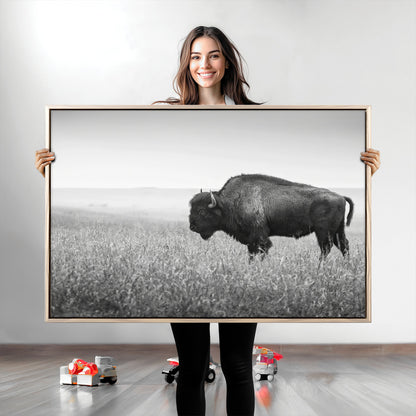 A black and white photograph of a majestic bison standing in a vast grassy prairie, evoking a sense of wilderness and strength.