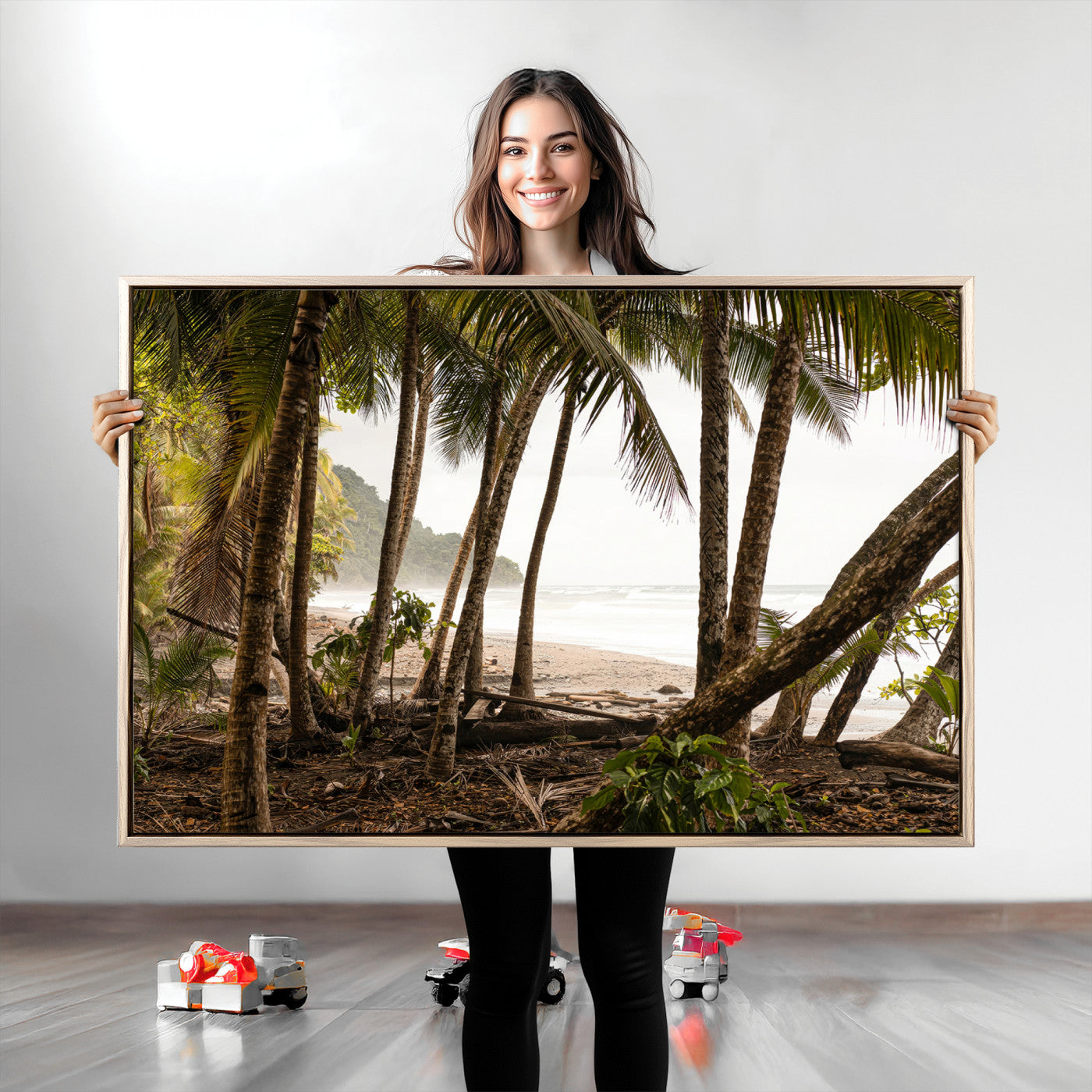 Dense tropical palm trees framing a sandy beach and ocean shore, ideal for jungle or coastal themed interior wall decor.