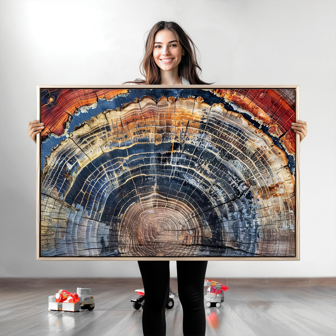 Vibrant tree ring with orange, brown, and blue tones in abstract detail, perfect for rustic or boho-inspired wall decor.