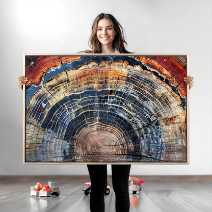 Vibrant tree ring with orange, brown, and blue tones in abstract detail, perfect for rustic or boho-inspired wall decor.