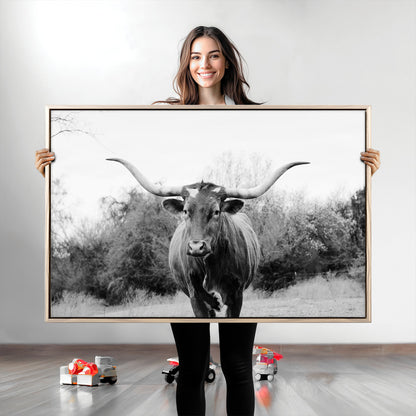 Black and white photo of a longhorn cow in a field, perfect for rustic farmhouse or western-themed interior wall decoration.