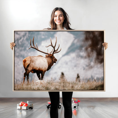 Majestic elk with large antlers standing in grass with snowy mountains in background, perfect for rustic cabin or lodge style decor.