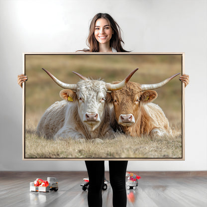 Two cows laying closely in a dry grassy field, captured in soft light, perfect for rustic farmhouse or western style home decor.