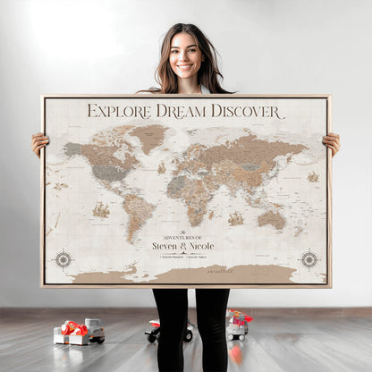95738134-MGV-CV-36X24-Custom Push Pin World Map Wall Canvas Print – Personalized Travel Tracker with Pins – Framed Large Multi-Size Canvas for Home Office Decor