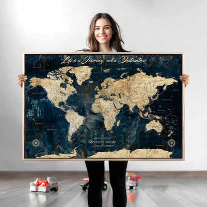 23551206-MGV-CV-36X24-Custom Push Pin World Map Wall Canvas Print – Personalized Travel Tracker with Pins – Framed Large Multi-Size Canvas for Home Office Decor