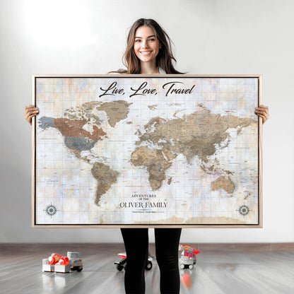 76256172-MGV-CV-36X24-Custom Push Pin World Map Wall Canvas Print – Personalized Travel Tracker with Pins – Framed Large Multi-Size Canvas for Home Office Decor