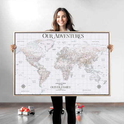 40041157-MGV-CV-36X24-Custom Push Pin World Map Wall Canvas Print – Personalized Travel Tracker with Pins – Framed Large Multi-Size Canvas for Home Office Decor