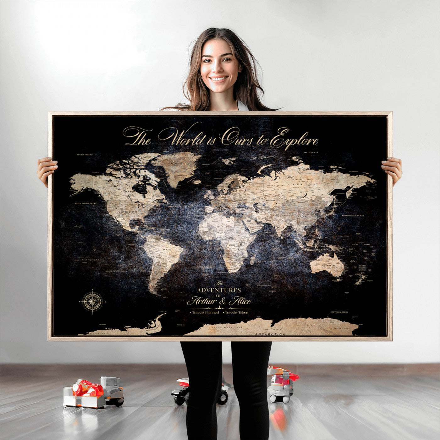 '-Customize Push Pin World Map Wall Canvas Print, Personalized Travel Tracker with Pins, Framed Large Canvas for Home Office Decor - H37