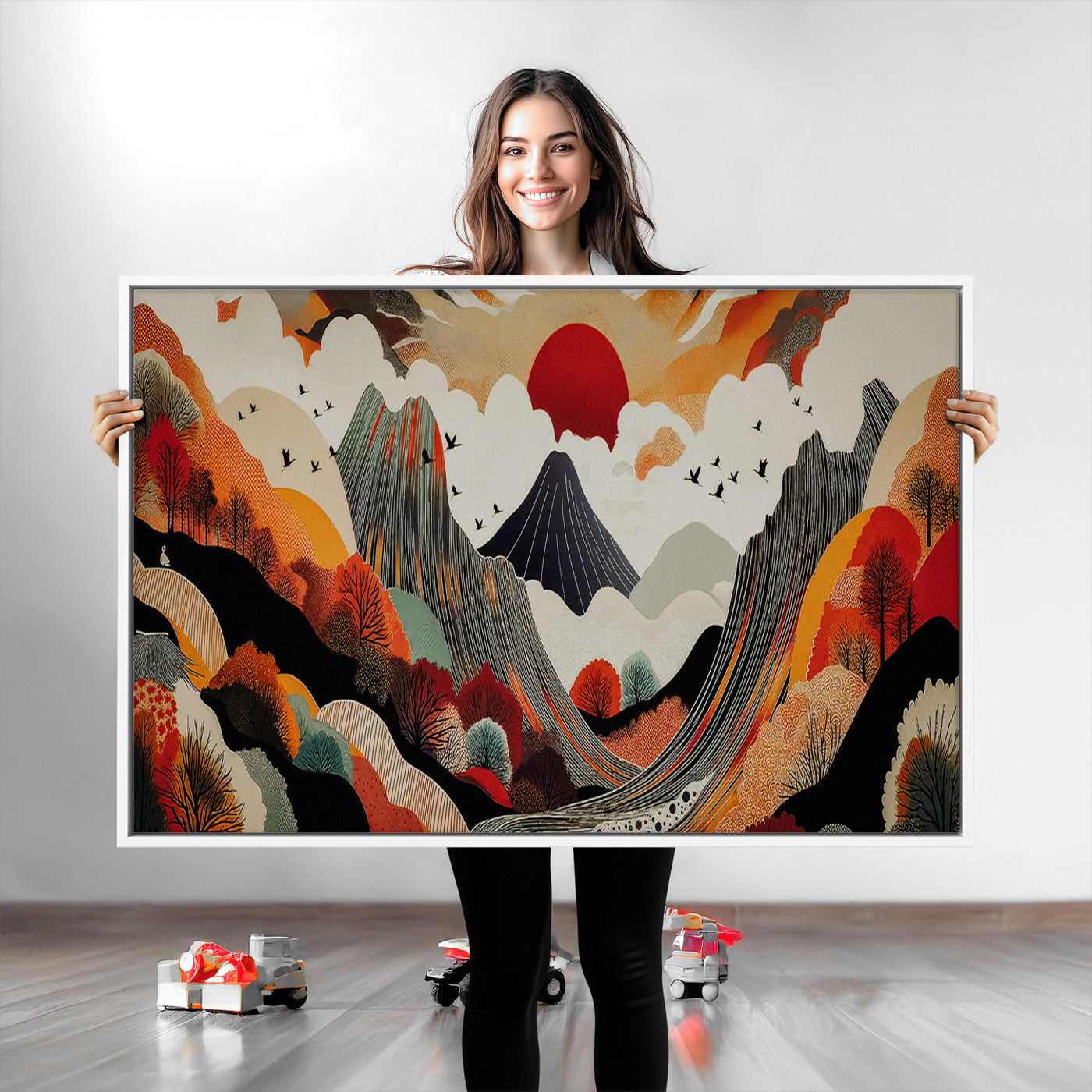Abstract Mountain Wall Art Canvas Print, Vibrant Landscape Print, Framed Stylized Nature Drawing Art Print, Large Sunset Mountains Printing Perfect for Contemporary Minimalist Decor