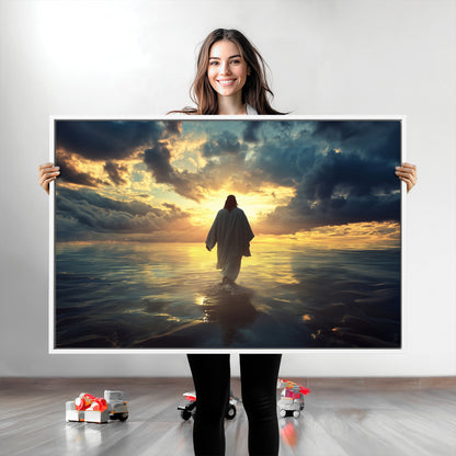 Spiritual artwork of Jesus walking on water at golden hour with divine light, ideal for Christian home decor or prayer room.