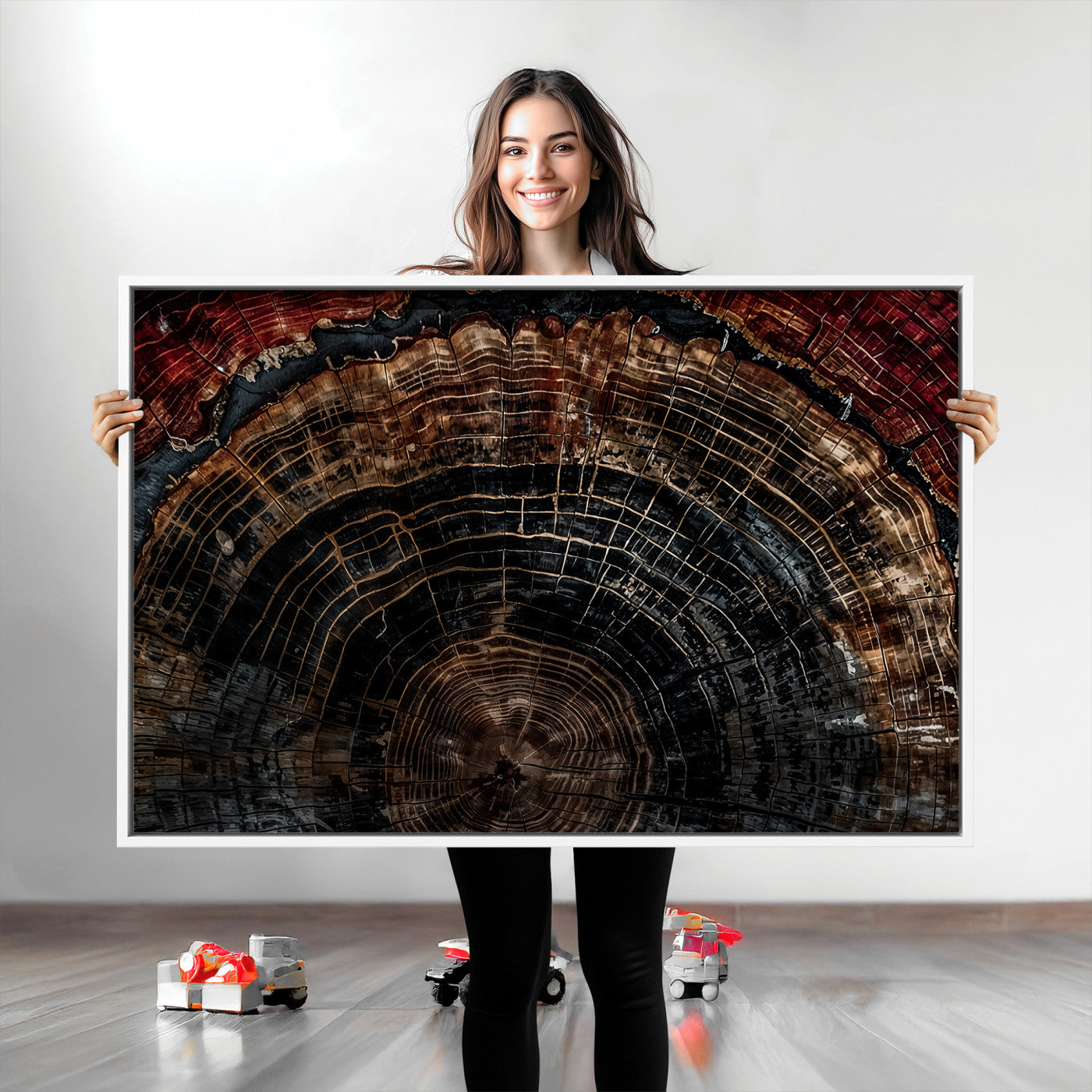 Dark Wood Wall Art Print - Petrified Tree Canvas Print, featuring an intricate tree ring pattern with deep earthy tones and organic textures, perfect for rustic and nature-inspired decor.