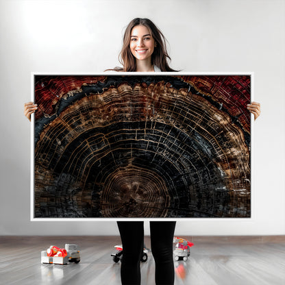 Dark Wood Wall Art Print - Petrified Tree Canvas Print, featuring an intricate tree ring pattern with deep earthy tones and organic textures, perfect for rustic and nature-inspired decor.