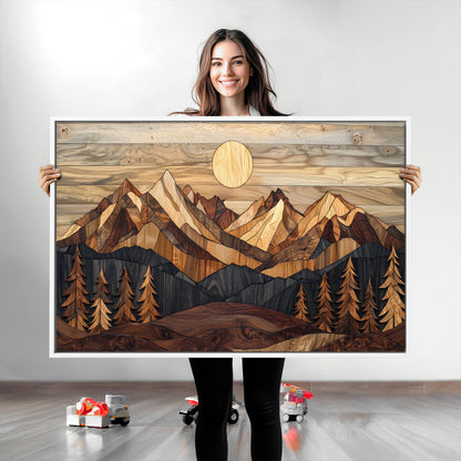 Mountain Landscape Wall Art Print - Sunset Hills Canvas Print, featuring an abstract nature scene with earthy tones and misty peaks, perfect for boho and modern decor.