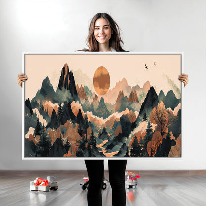 Mountain Landscape Wall Art Print - Sunset Hills Canvas Print, featuring an abstract nature scene with earthy tones and misty peaks, perfect for boho and modern decor.