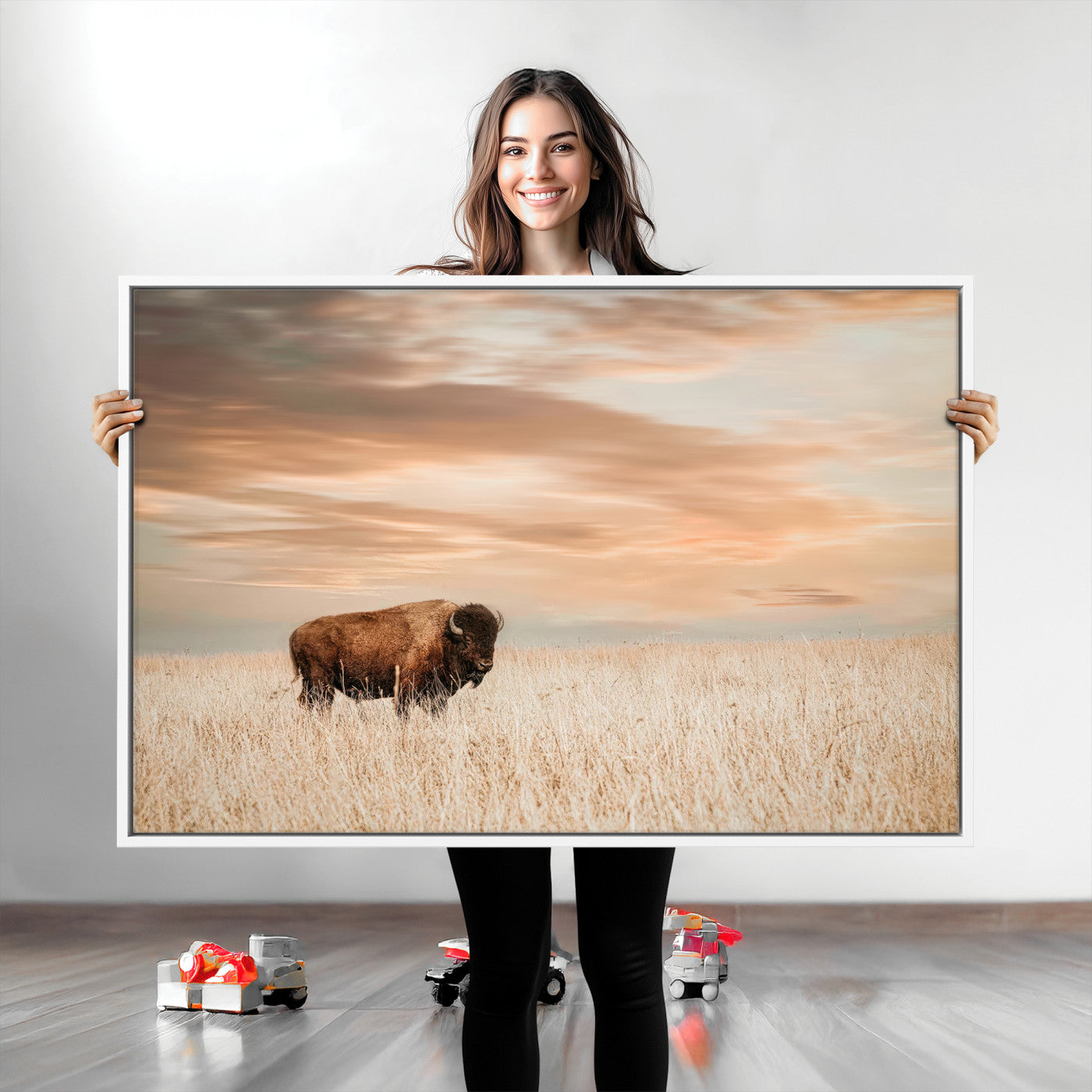 Bison Wall Art Print - Buffalo Canvas Print, featuring a lone bison in a golden prairie under a warm sunset sky, perfect for rustic and farmhouse decor.