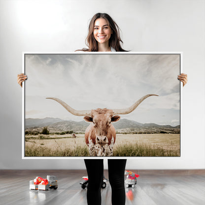 Longhorn Wall Art Print - Western Cow Canvas Print, featuring a majestic Texas longhorn in a rustic prairie setting, perfect for farmhouse and western decor.