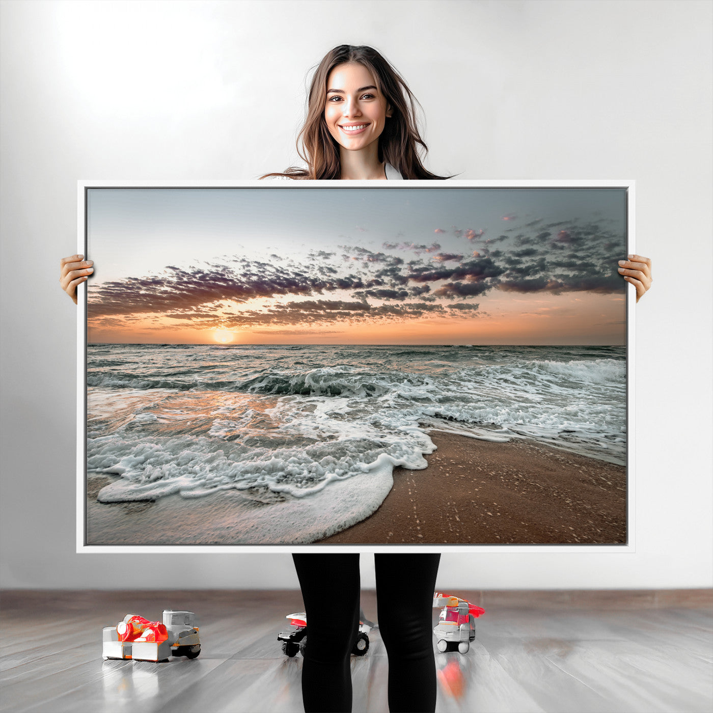 Ocean Sunset Wall Art Print - Beach Waves Canvas Print, featuring a serene seascape with golden sunlight reflecting on gentle waves, perfect for coastal and minimalist decor.