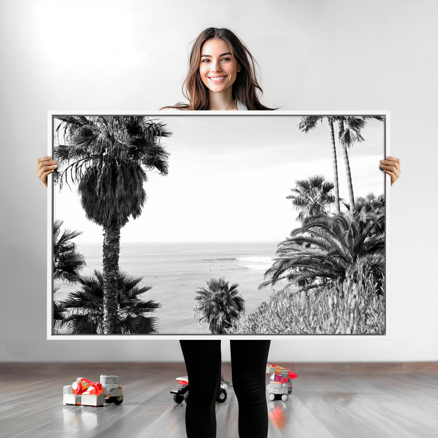 Monochrome canvas of palm trees framing a coastal surf scene, perfect for California-inspired or retro black-and-white beach decor.