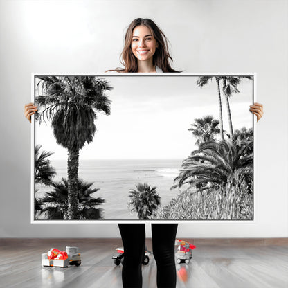 Monochrome canvas of palm trees framing a coastal surf scene, perfect for California-inspired or retro black-and-white beach decor.