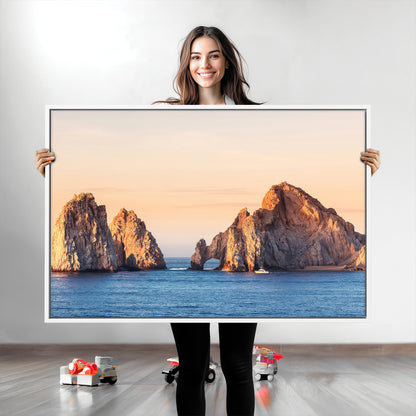 Framed canvas of El Arco rock formation in Cabo San Lucas at golden hour, ideal for coastal landmark or ocean-inspired decor.