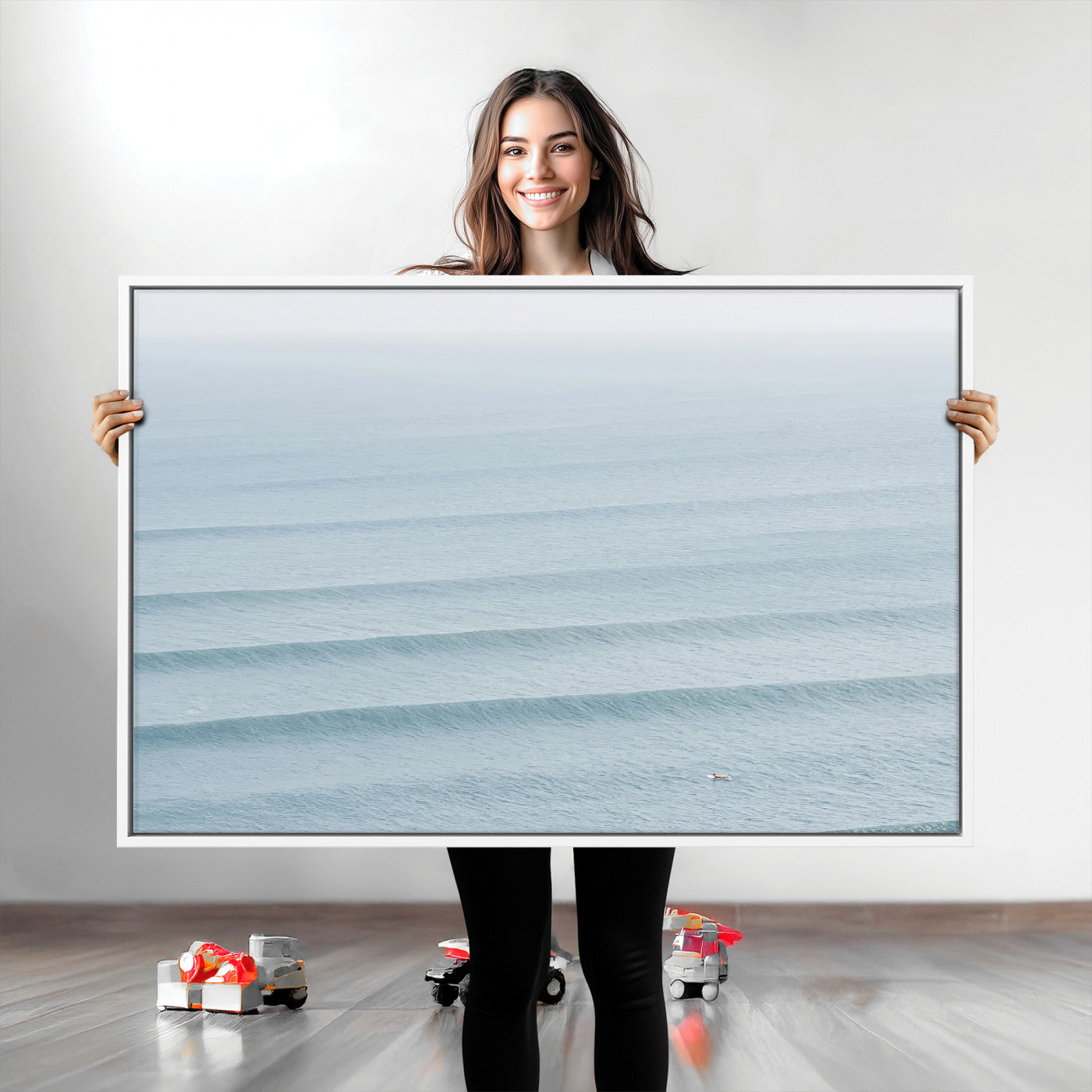 Framed canvas of repeating ocean waves with a distant solo surfer, ideal for minimalist ocean or calm coastal wall decor.