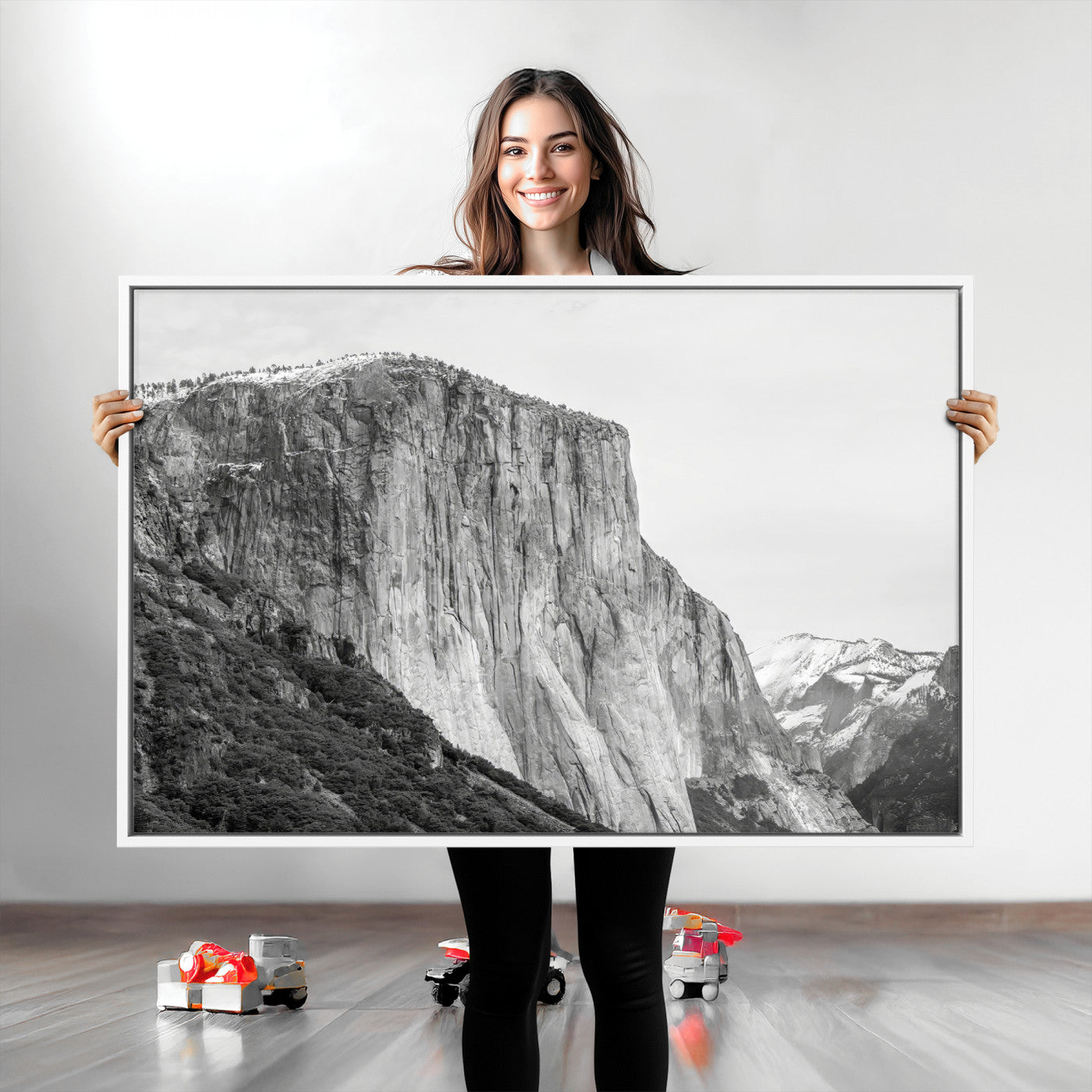 Monochrome canvas of El Capitan’s granite wall in Yosemite with snowy peaks, ideal for dramatic mountain or black-and-white nature decor.
